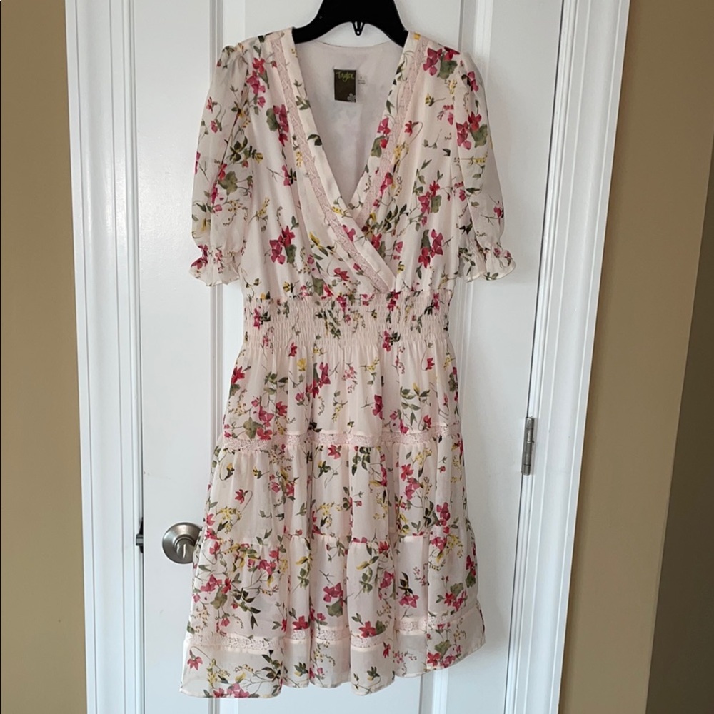 Taylor Pink and Red Ruffled Tiered Midi Dress